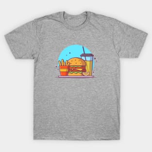 Burger with Orange Juice, Lemon, Mustard, and French Fries Cartoon Vector Icon Illustration T-Shirt